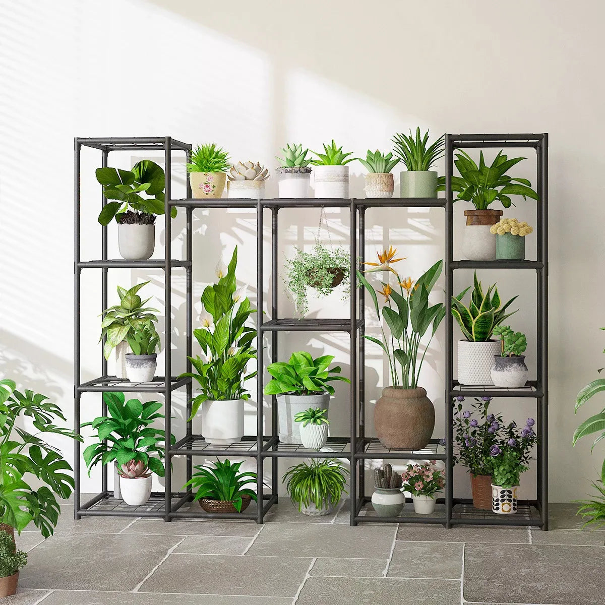 Large Plant Stand Indoor Outdoor Metal Plant Shelf Waterproof Plant Rack For Multiple Plants Wide Flower Stand For Patio Balcony Garden Black