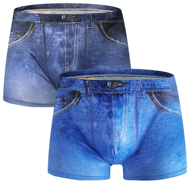 1PCS New denim shorts sexy imitation denim digital printed polyester boxer shorts