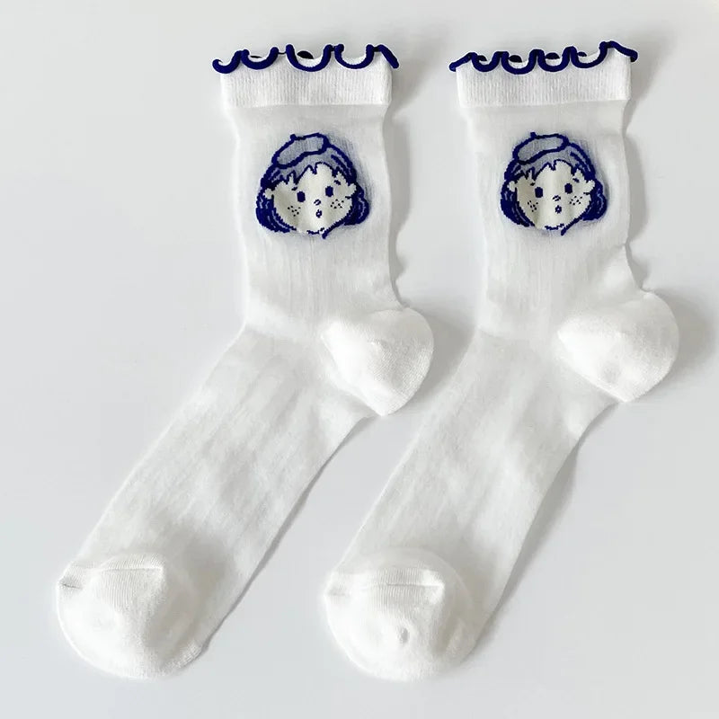 Transparent Crystal Silk Socks Women Fashion Ultra-thin Summer Harajuku Crew Socks Flower Streetwear Elastic Long Mesh Socks