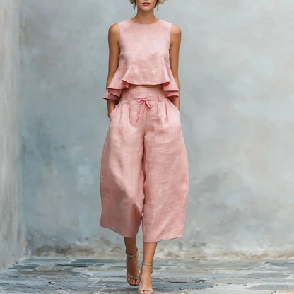 Spring Summer Vacation Outfits Woman 2026 Elegant O Neck Sleeveless Tank Top And Wide Leg Trousers Suit Casual Ruffle Loose Sets