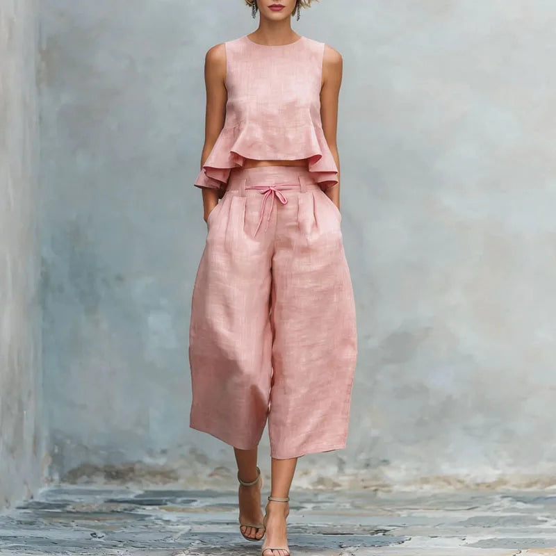 Spring Summer Vacation Outfits Woman 2026 Elegant O Neck Sleeveless Tank Top And Wide Leg Trousers Suit Casual Ruffle Loose Sets