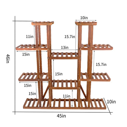Large 11 Tiered Wood Plant Stand Carbonized High Widen Pot Shelf Holder Flower Shop Office Garden Indoor Outdoor
