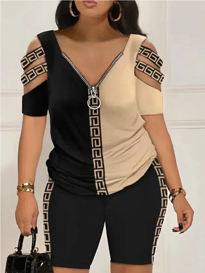 Cold Shoulder T Shirt Shorts Set Women 2 Piece Set Zipper V Neck Womens Short Pants Set Casual Femme Top Set Summer Suit