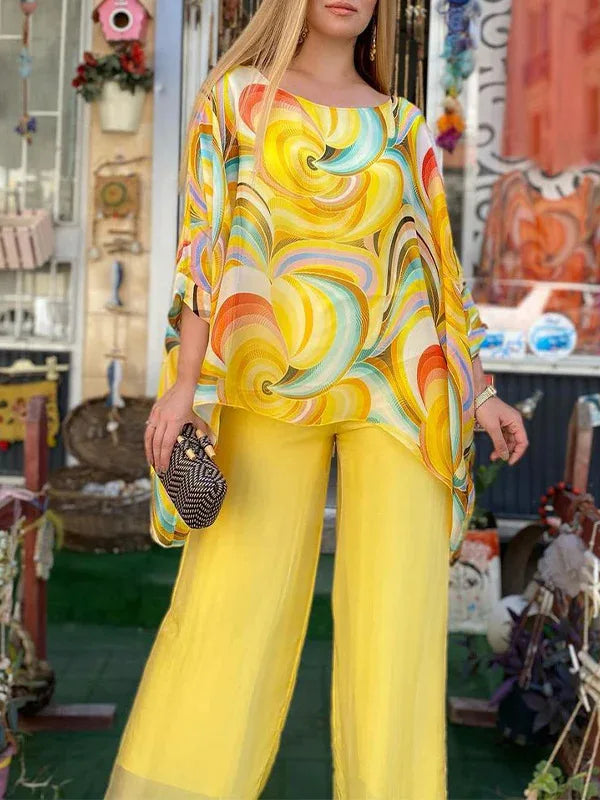 Women Fashion Trousers Two Piece Set For Women 2026 Summer Loose Casual Print Blouse Elegant 2 Piece Sets Woman Tops+Pants Suit