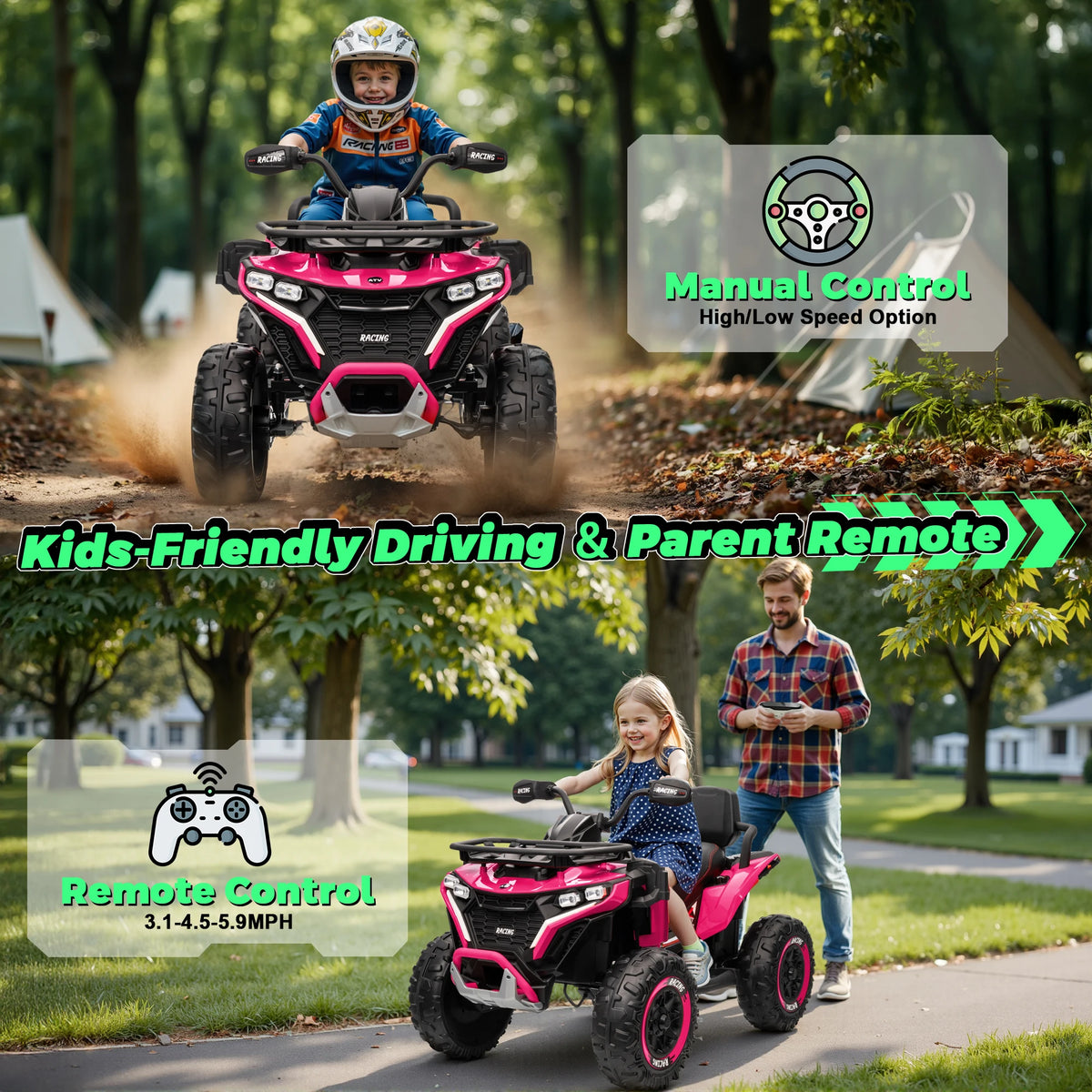 24V Ride on Car, Kids ATV XL Four Wheeler W/EVA Tires, 19-Inch Leather 2 Seater, 800W Motors, Remote Control, Knee Pads, Flower, 24 Volt Ride on Toys Quad for Big Kids