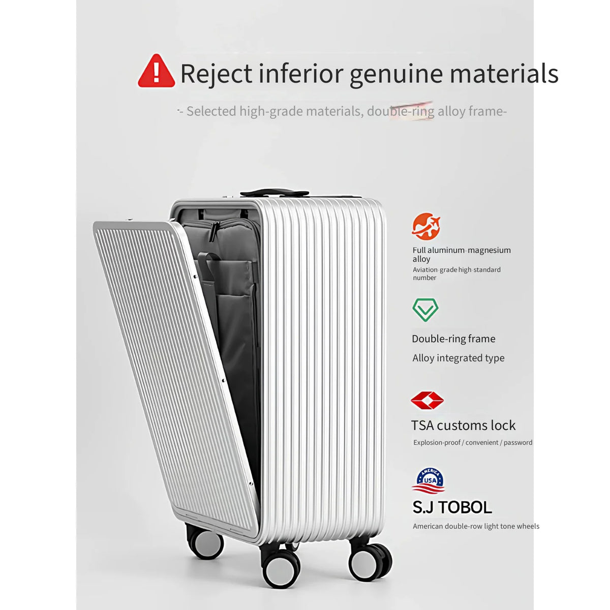 Full Aluminum‑Magnesium Alloy Front Side Opening 10‑90 Split Deep Storage Trolley Luggage Travel Suitcase 20 Inch Carry‑on 24 In