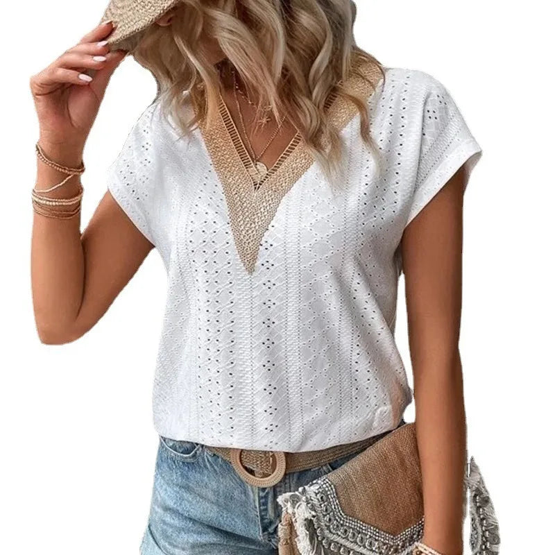 Elegant Women's Top Short Sleeved Tshirt Summer V-neck Lace Casual Solid Color Bat Sleeve T-shirt Y2k  Women's T-shirts Футболки