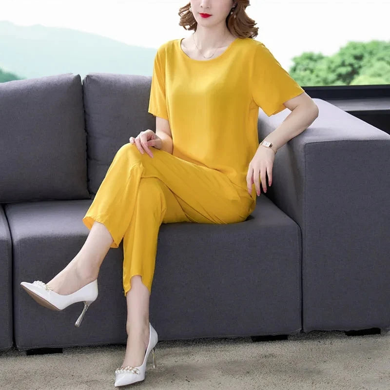 Cotton Silk Suit Summer Women's Sets New Casual Solid Color Short Sleeve Ankle-Length Pants 2 Piece Set Middle Age Mother Outfit