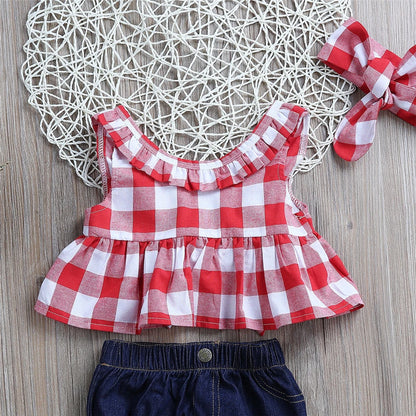 Pudcoco Baby Girls Clothes Sets Red and White Plaid Sleeveless Top Denim Shorts with Headband Toddler Girl Summer Outfits 0-3T