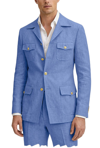 Men's Linen Suit 2 Piece Blazer Pants Set Multi-Pocket Safari Style Slim Fit Formal Business Casual Jacket Trousers for Summer