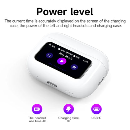 HOCO EW72 Lite Wireless Touch Screen Bluetooth Headset LED Power Display In Ear Sport Game Headphones with Charging Box White