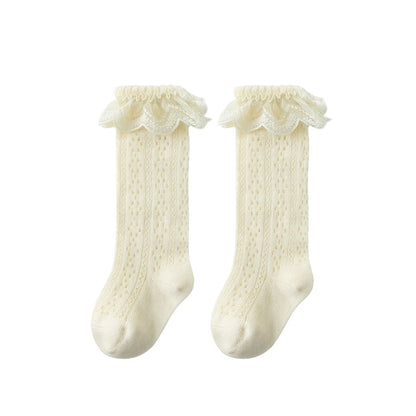 Summer Baby Girls Socks Toddler Bow Long Sock Kids Knee High Soft Cotton Mesh Stocking Spanish Style Hollow Out Lace Socks 0-3Y