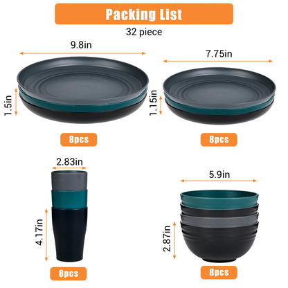 32Pcs Plastic Dinnerware Set Unbreakable Plates Bowls Cups Set  Grain Bowl Microwave Dishwasher Safe Family Camping Tableware