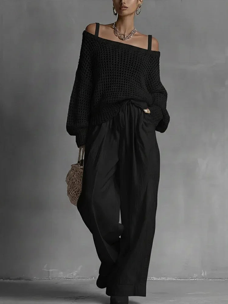 Vintage Women 2 Piece Outfit Off Shoulder Hollow Out Knit Sweater Top Elastic Drawstring Wide Leg Long Pants Casual Matching Set