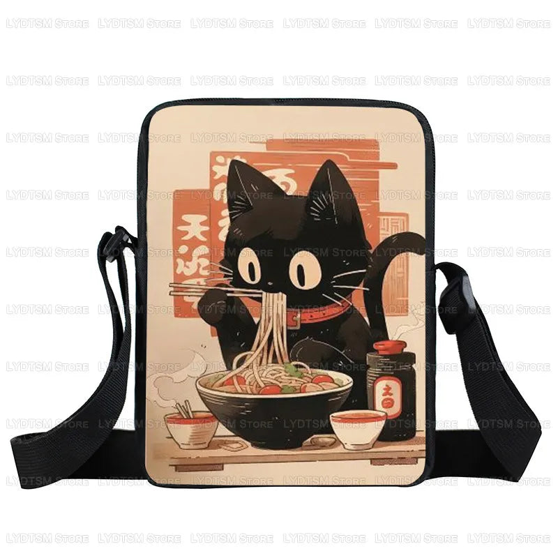 Japanese Black Cat Eating Ramen Print Crossbody Bag Women Shoulder Bag for Travel Phone Wallet Holder Teenager Messenger Bags