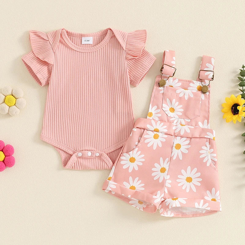 0-18months infant Girls Shorts Set Short Sleeve Romper Flower Print Suspender Shorts Summer Outfit for Baby girls