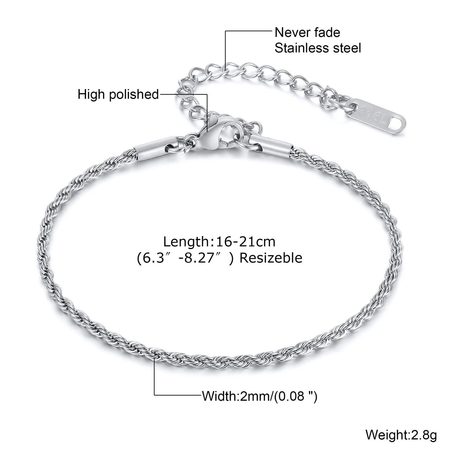 1/2/3pcs Chain Bracelet for, Stainless Steel Twisted Rope Cuban Chain