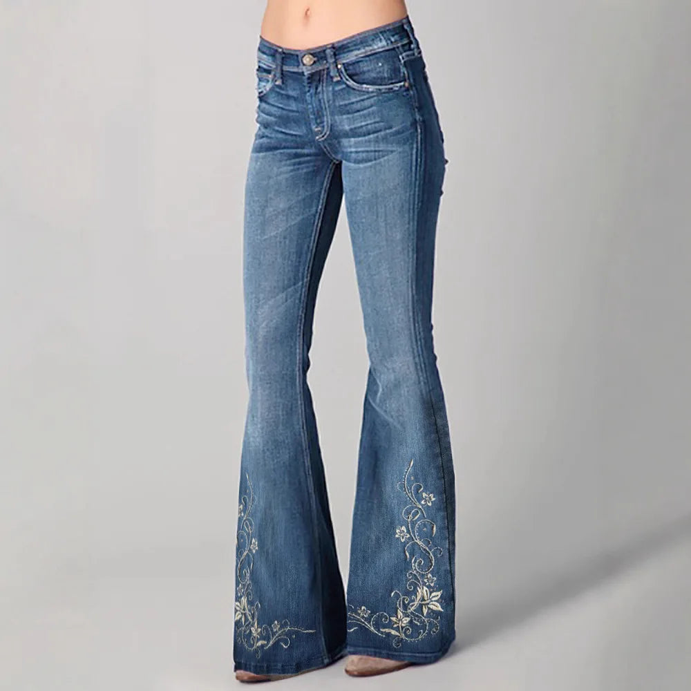 Womens Casual 3D Printed Denim Flared Pants Slim Fit Bell Bottom Jeans Fashion Daily Wear Trousers
