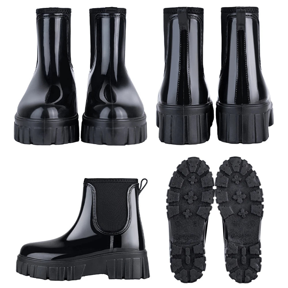 PVC Fashion Rain Boots Shoes For Women Solid Anti-slip Wear-resistant Thick Soled Shoes Low Cut High Top Round Toe Waterproof Water Shoes