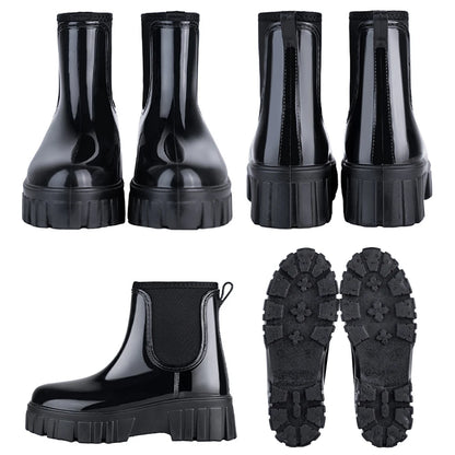 PVC Fashion Rain Boots Shoes For Women Solid Anti-slip Wear-resistant Thick Soled Shoes Low Cut High Top Round Toe Waterproof Water Shoes