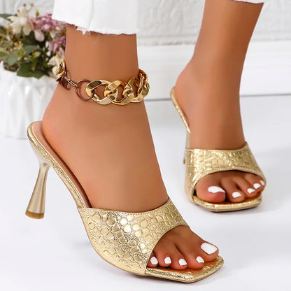 Luxury Gold Silver High Heels Sandals Women Slip On Square Toe Summer Slippers Woman Plus Size 43 Thin Heeled Party Shoes Lady