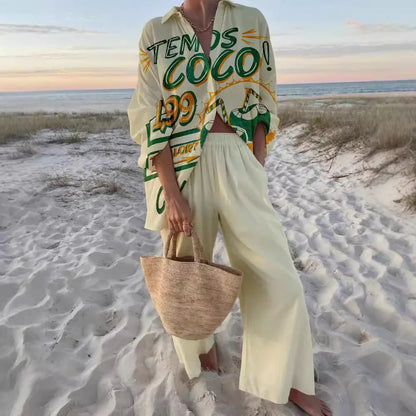 Fashion Print Beach Holiday 2-Piece Set Women Spring Summer Long Sleeve Shirt Top + Wide Legs Women's Oversized Two-Piece Outfit