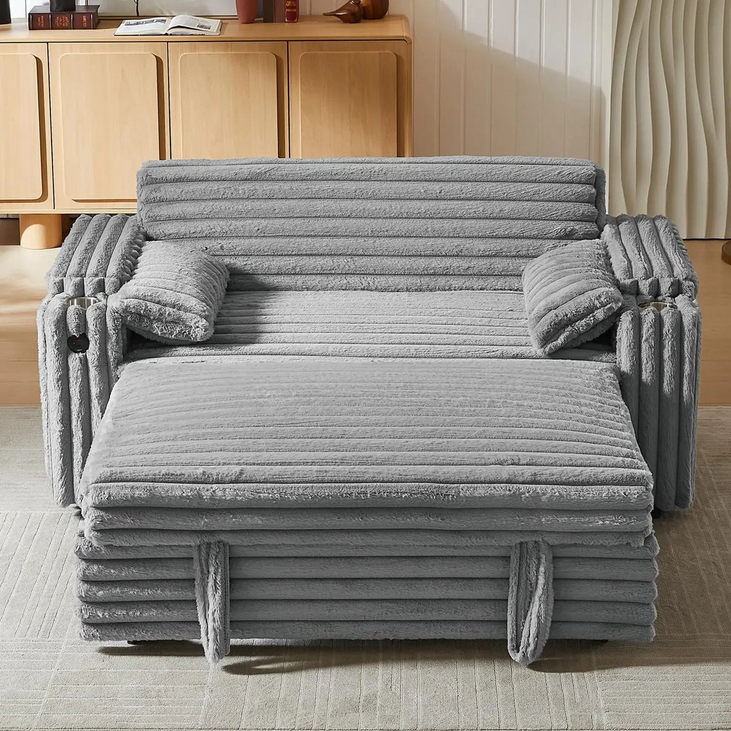 hansones 65'' 3-in-1 Folding Convertible Sofa Bed, Pullout Sofa, Modern Chenille Fabric, 360° Swivel Side Table, Easy Assembly,