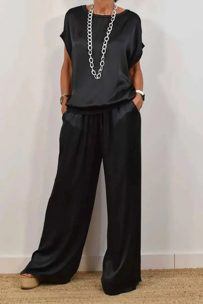 Casual Solid Color Two Piece Set Loose O-neck Short Sleeved Pullover Top Elastic Waist Wide Leg Pants Set Fashio Commuting Set