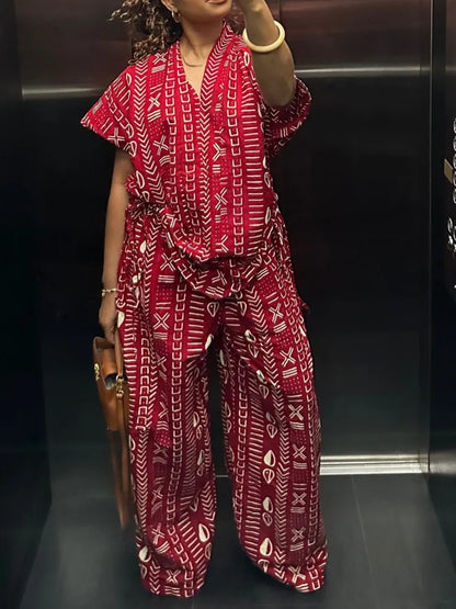 New Fashion Printed Two-piece Set Women's Loose Casual Short-sleeved Drawstring Waist Slimming V-neck Shirt Wide-leg Pants Sets