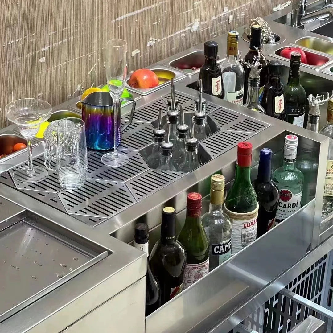 Commercial Refrigerated Workbench Stainless Steel Bar Mixing Station Wine Cabinet Water Bar Operation Table