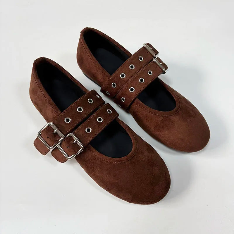 New Fashion Buckle Strap Footwear Flock Ballet Flats Women Dance Shoes Female Round Toe Ladies Mary Janes Flats Lolita Shoes