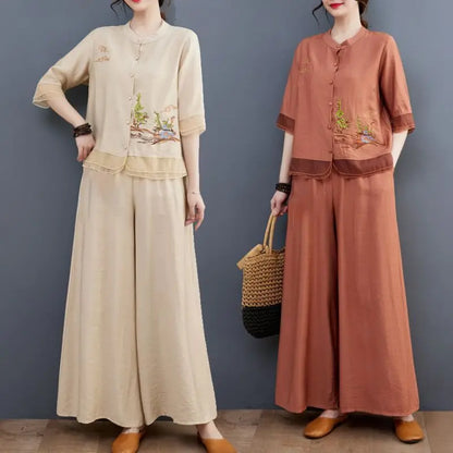 Spring Summer Women Leisure Pants 2PCS Middle Aged Mother Cotton Linen Suit 2026 Female Embroidery Two-piece Set Large Size 5XL