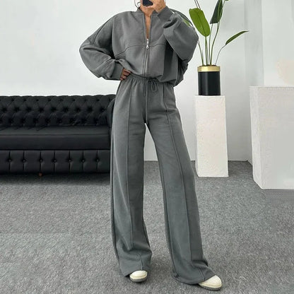Fashion Women's Suit Zipper Trousers Round Neck Sweatshirt Wide Leg Trousers 2 Piece Set Conjuntos De Pantalón Fall Clothes 2025