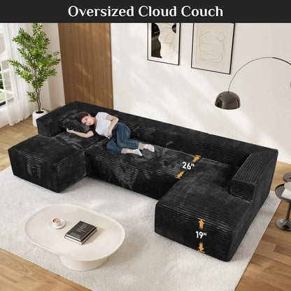 131" Oversized Cloud Boneless Couch Sofa with Chaise, Black, Custom