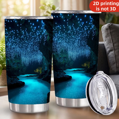 20oz Glowworm Cave Printed Stainless Steel Tumbler with Lid and Straw, Bioluminescent Underground River Blue Glow Landscape Vacuum Insulated Travel Coffee Mug Gifts for Nature Lovers