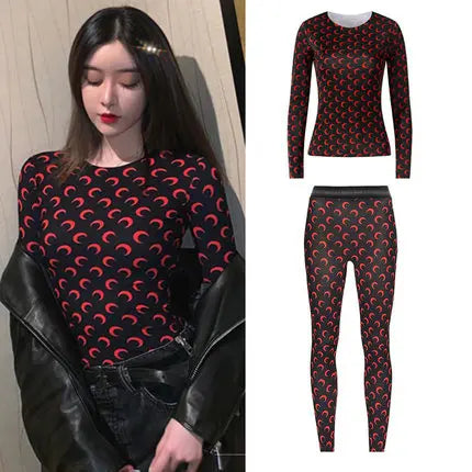 Sweet Two Piece Set Women American Retro Layered Outfit Long Sleeve Moon Print Top Ice Silk Pants Sexy Casual Autumn Fashion