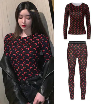 Sweet Two Piece Set Women American Retro Layered Outfit Long Sleeve Moon Print Top Ice Silk Pants Sexy Casual Autumn Fashion