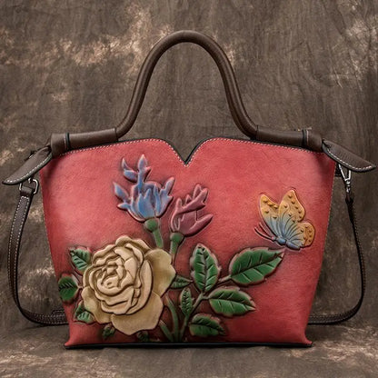 Johnature Retro Large Capacity Genuine Leather Luxury Handbags Women Bags 2026 New Floral Cowhide Shoulder&Crossbody Bags