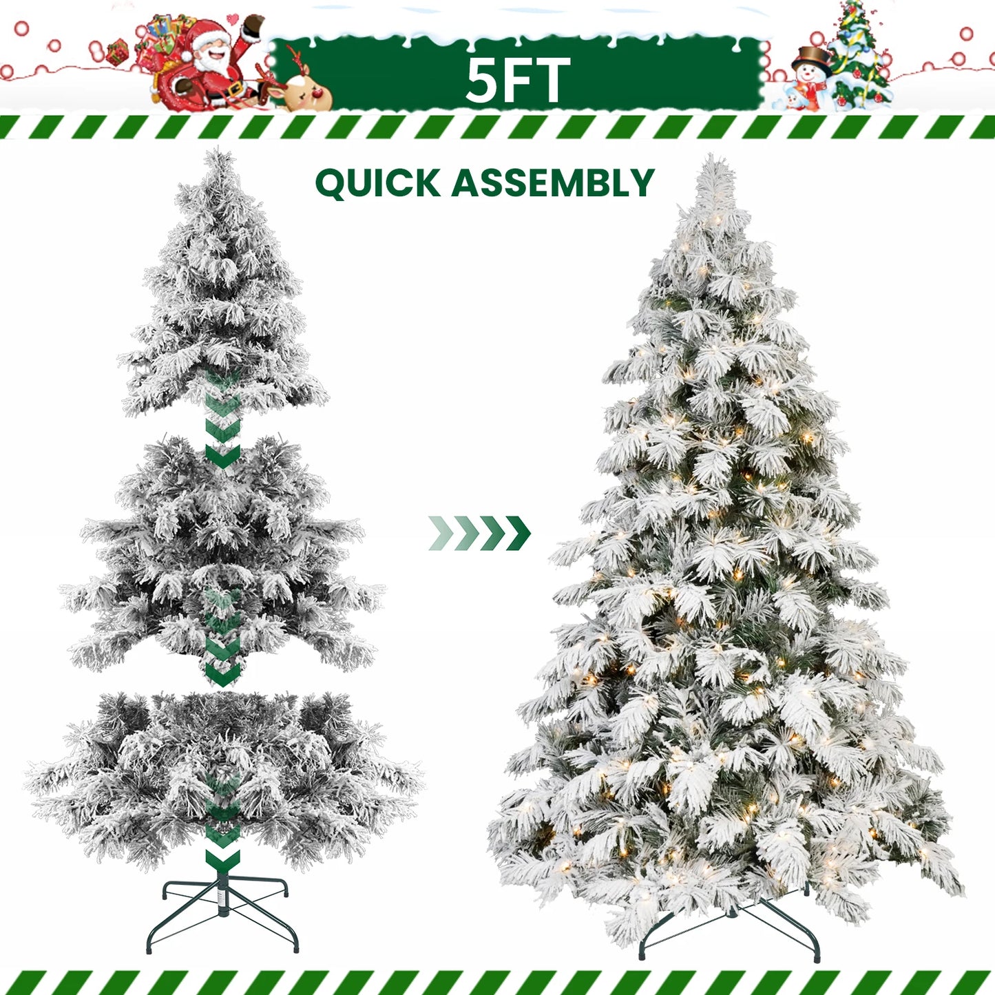 7FT Pre-lit Flocked Artificial Christmas Tree, Snow Flocked Xmas Tree with 360 Warm White LED Lights, 890 PVC Memory Wire Tips, Hinged Structure for Indoor Holiday Decor