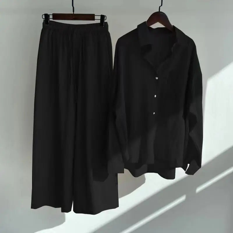Cotton And Linen Solid Color Pant Sets Women Single-breasted Shirts And Drawstring Loose Wide Legs Trousers Two Piece Set Casual