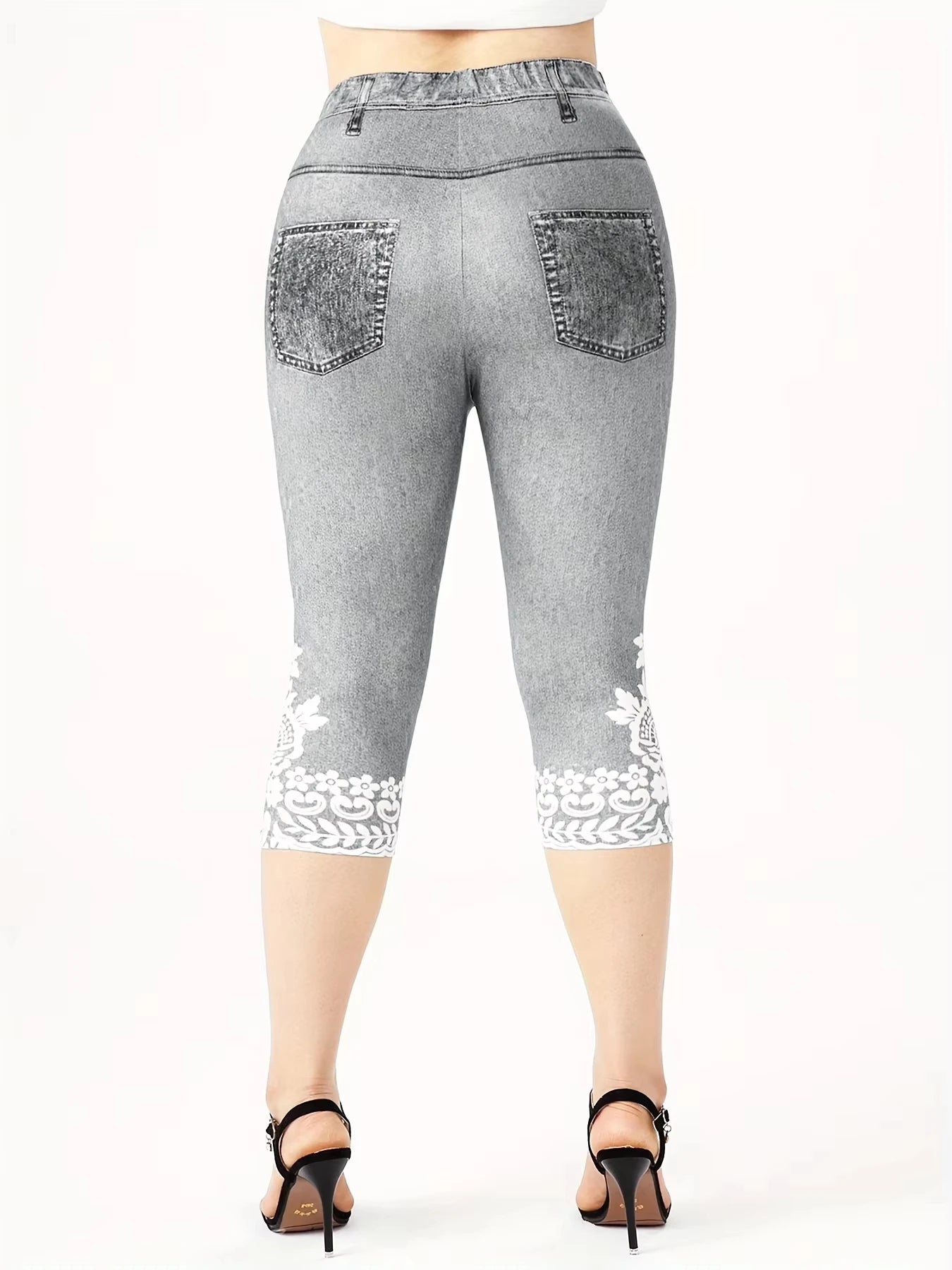 Plus Size Women's Imitation Denim Printed Tight Capri High Elasticity Knitted Fashion Casual Leggings