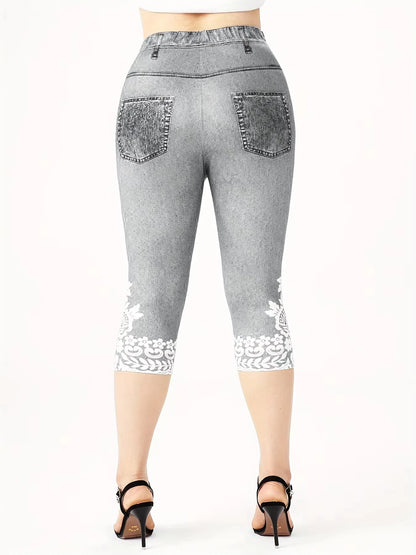 Plus Size Women's Imitation Denim Printed Tight Capri High Elasticity Knitted Fashion Casual Leggings