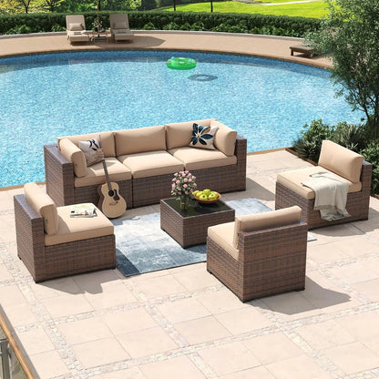 7 Piece Patio Furniture Set Wicker Rattan Patio Conversation Set Outdoor Sectional Sofa Set with Coffee Table and, Customized