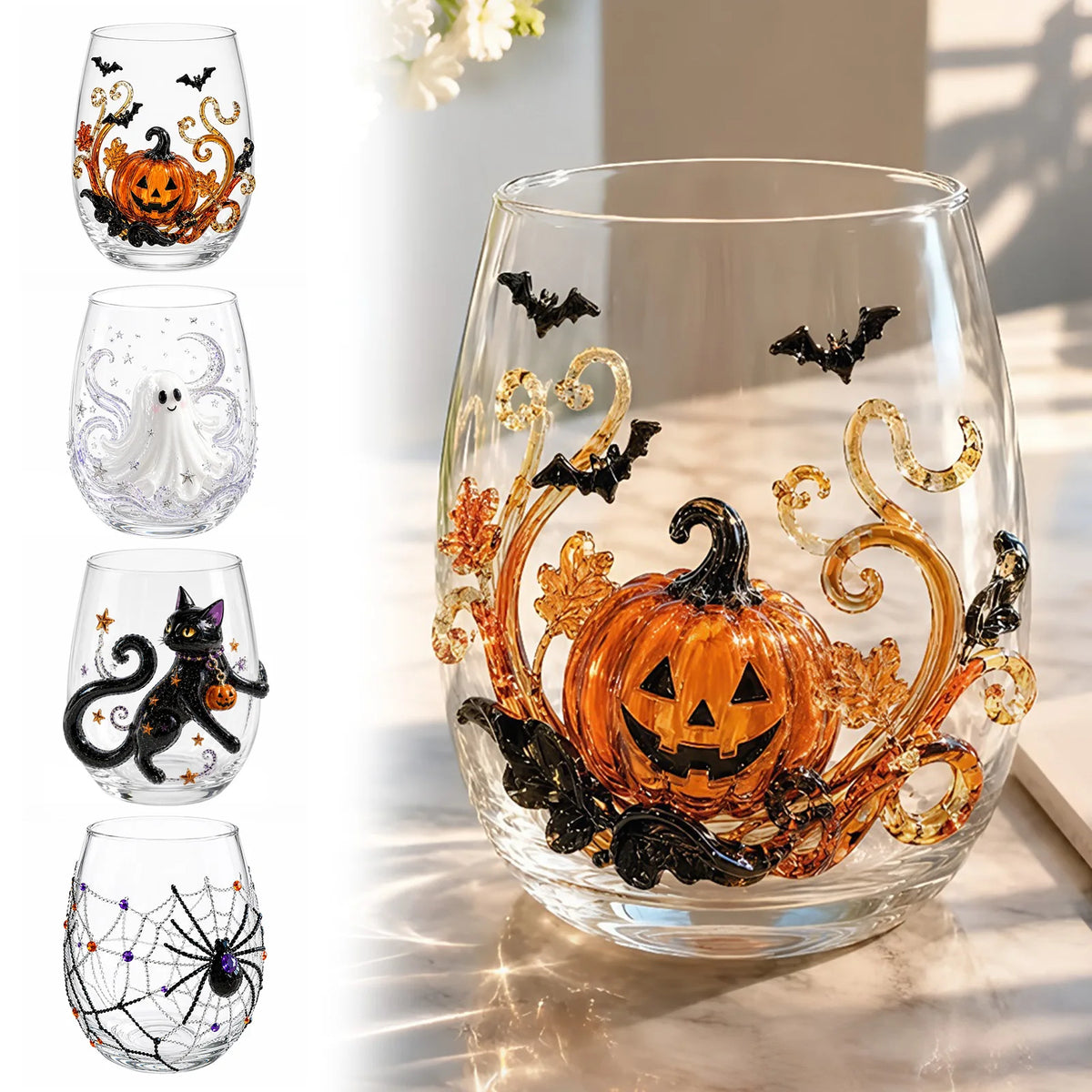 3D Halloween Artisan Glassware Collection Witchy Gothic Glass Set Manual Stemless Wine Glasses for Luminous Fall Sips Gifts