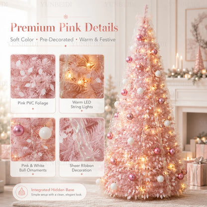 Pink Integrated Foldable Christmas Tree with Ornaments LED Lights High-end Christmas Tree 1.5M/1.8M Family Christmas Decorations