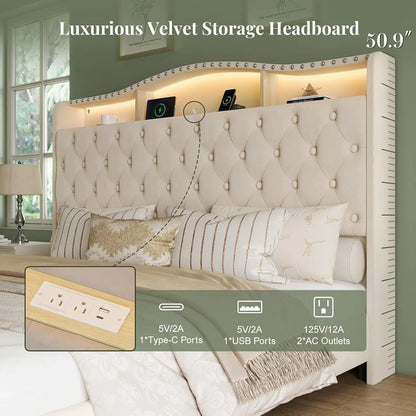 King Size Platform Bed Frame with 50.9" LED Headboard, Beige, Custom