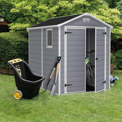 Manor 6x8 Foot All Weather Garden Tool Outdoor Storage Shed with Lockable Double Doors, Fixed Window and Wood-Look, Custom