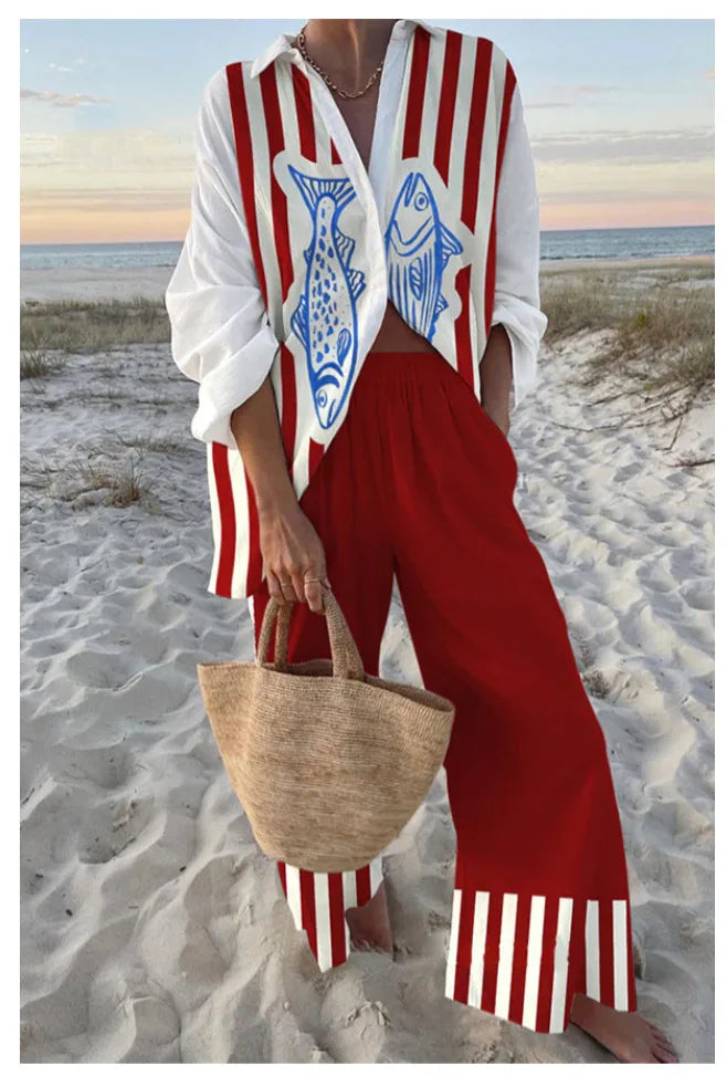 Fashion Print Beach Holiday 2-Piece Set Women Spring Summer Long Sleeve Shirt Top + Wide Legs Women's Oversized Two-Piece Outfit