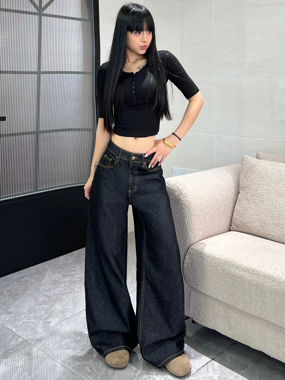 Women's Classic Black Loose American-Style Jeans, Trendy And Versatile Casual Wide-Leg Pants
