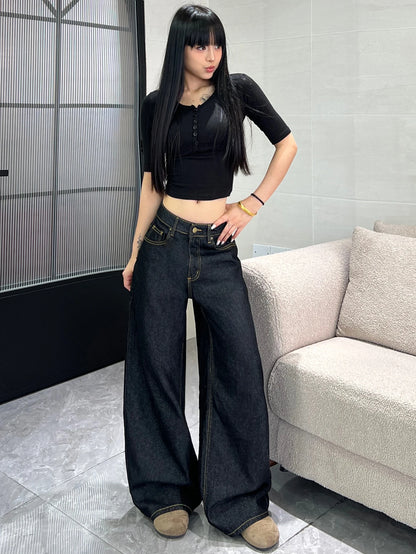 Women's Classic Black Loose American-Style Jeans, Trendy And Versatile Casual Wide-Leg Pants